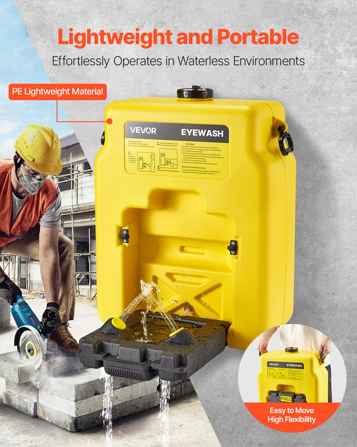 Bärbar ögonspolningsstation 53 l/14 gal, OSHA-godkänd ögonspolningsstation väggmonterad/på plan yta, ögonspolningsenhet för nödsituationer med 2 sprayningar, ögonspolningsenheter för första hjälpen för skolor, laboratorier, fabriker, gul