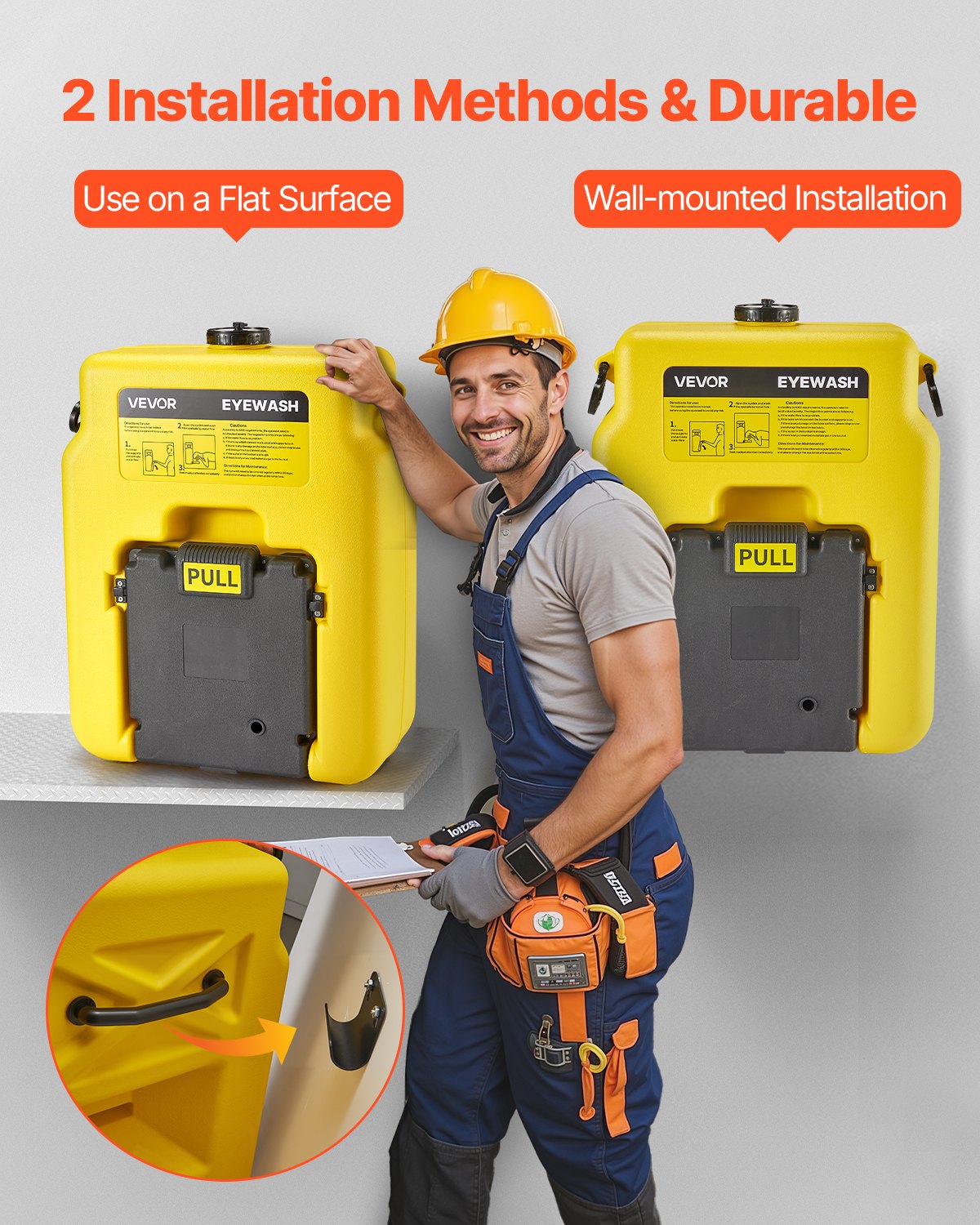 Bärbar ögonspolningsstation 53 l/14 gal, OSHA-godkänd ögonspolningsstation väggmonterad/på plan yta, ögonspolningsenhet för nödsituationer med 2 sprayningar, ögonspolningsenheter för första hjälpen för skolor, laboratorier, fabriker, gul