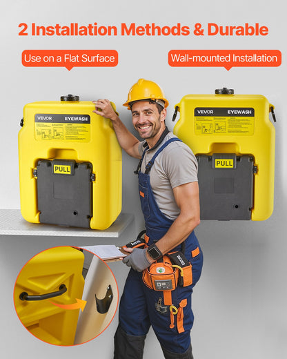 Bärbar ögonspolningsstation 53 l/14 gal, OSHA-godkänd ögonspolningsstation väggmonterad/på plan yta, ögonspolningsenhet för nödsituationer med 2 sprayningar, ögonspolningsenheter för första hjälpen för skolor, laboratorier, fabriker, gul