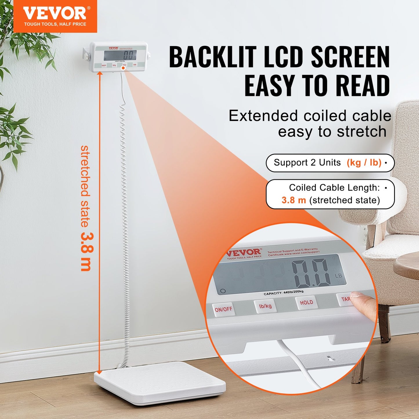 Bärbar medicinsk våg, professionell digital läkarvåg för vägning - med halkfri plattform, 2 enheter, håll- och tarafunktion, 440 pund kapacitet läkarvåg för gym hem sjukhus