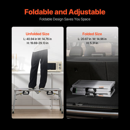 Work Platform, 3 Gear Adjustable Height, Folding Alloy Steel Step Ladder, Portable Scaffolding Platform, 400 lb Load Capacity, Non-Slip Rubber Feet, Drywall Painting Stool, for Cleaning &Washing