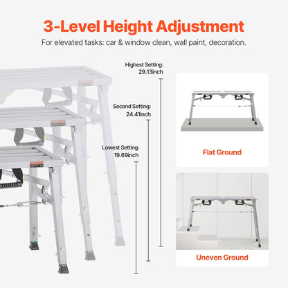 Work Platform, 3 Gear Adjustable Height, Folding Alloy Steel Step Ladder, Portable Scaffolding Platform, 400 lb Load Capacity, Non-Slip Rubber Feet, Drywall Painting Stool, for Cleaning &Washing