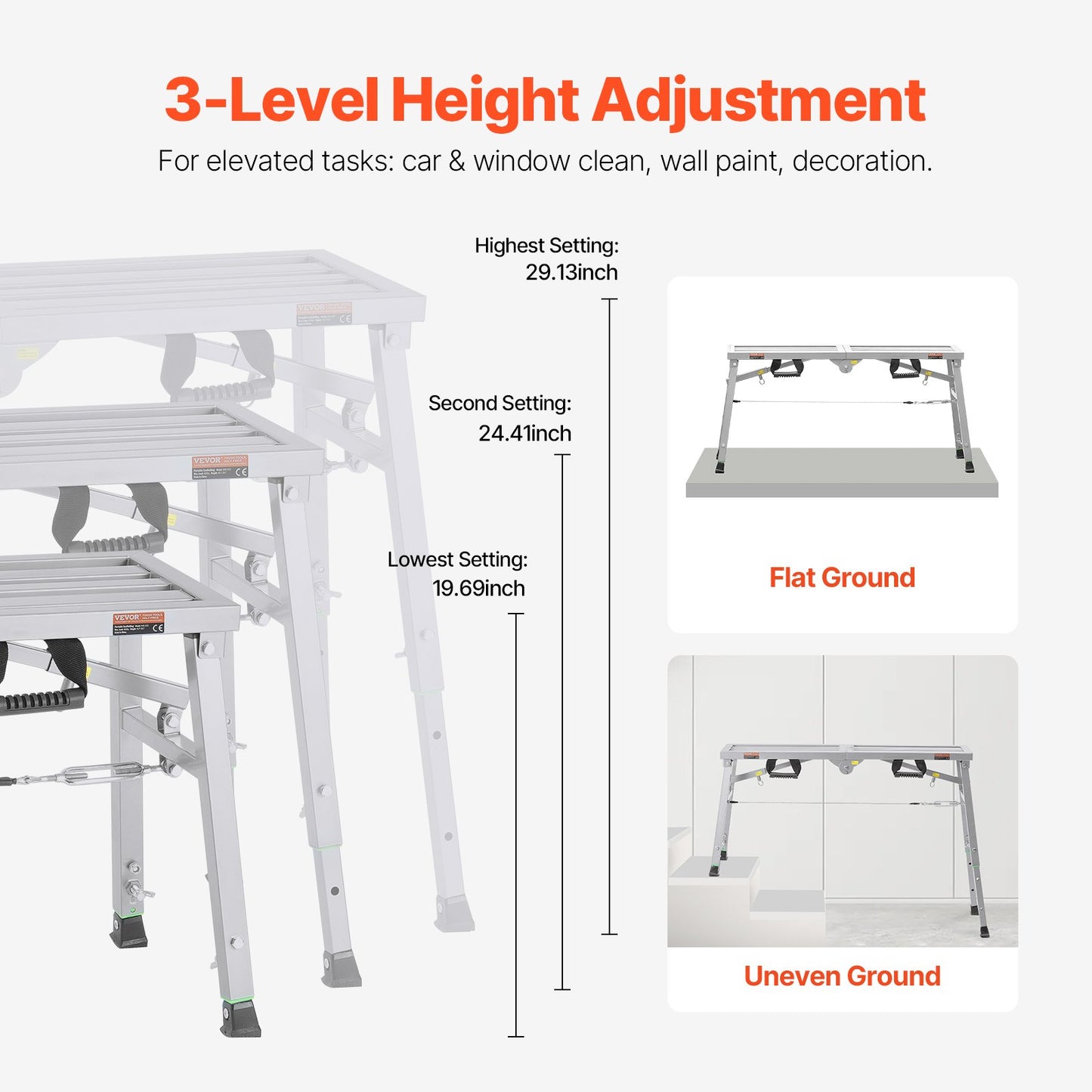 Work Platform, 3 Gear Adjustable Height, Folding Alloy Steel Step Ladder, Portable Scaffolding Platform, 400 lb Load Capacity, Non-Slip Rubber Feet, Drywall Painting Stool, for Cleaning &Washing