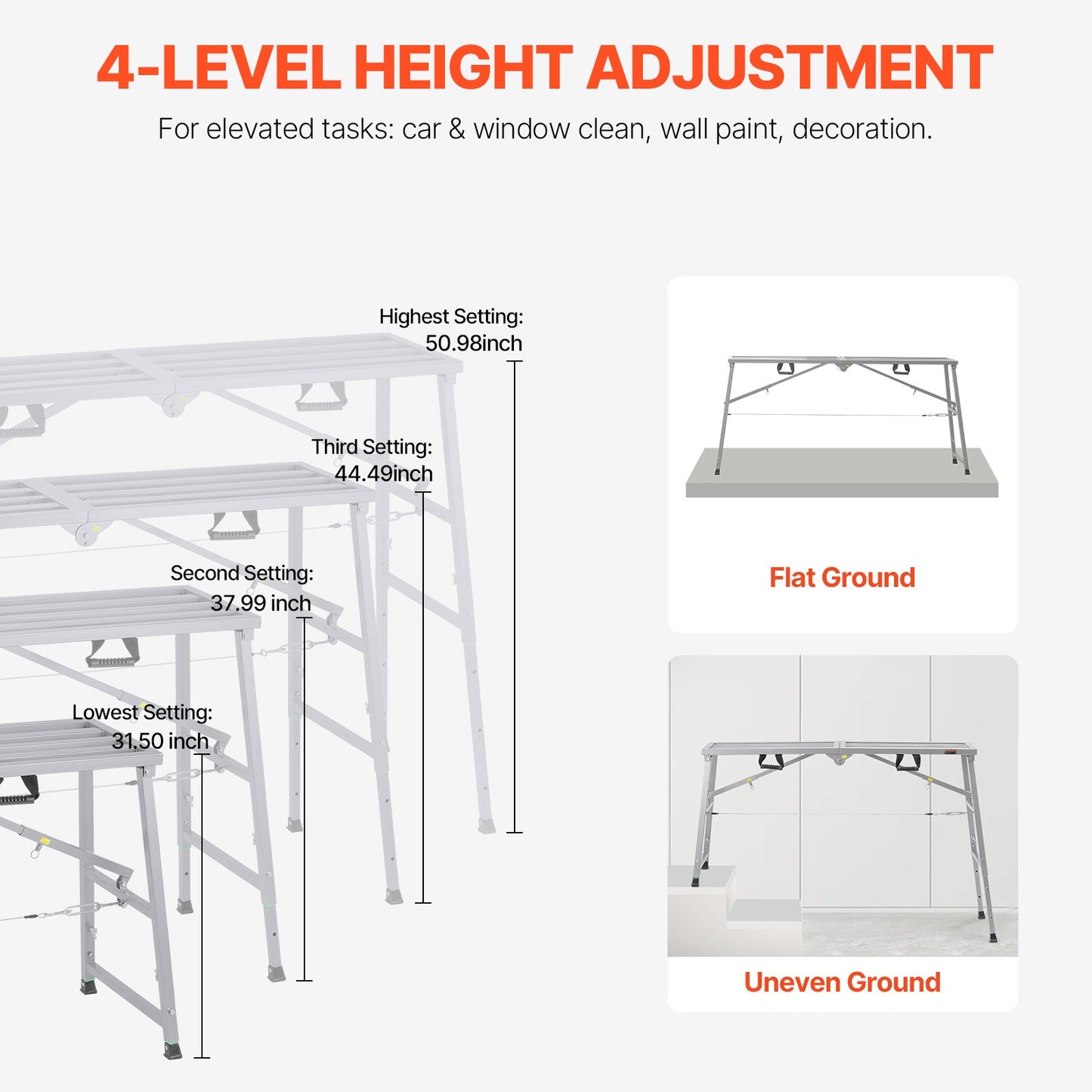 Work Platform, 4 Gear Adjustable Height, Folding Alloy Steel Step Ladder, Portable Scaffolding Platform, 800 lb Load Capacity, Non-Slip Rubber Feet, Drywall Painting Stool, Cleaning & Washing