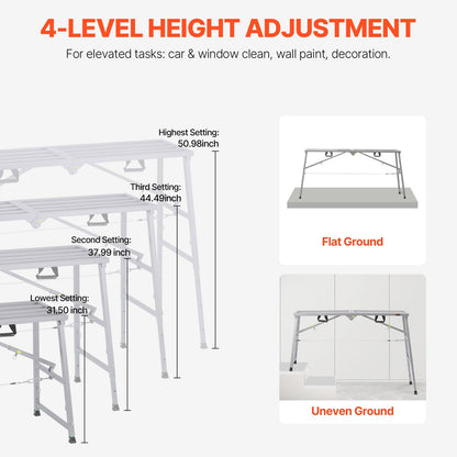 Work Platform, 4 Gear Adjustable Height, Folding Alloy Steel Step Ladder, Portable Scaffolding Platform, 800 lb Load Capacity, Non-Slip Rubber Feet, Drywall Painting Stool, Cleaning & Washing