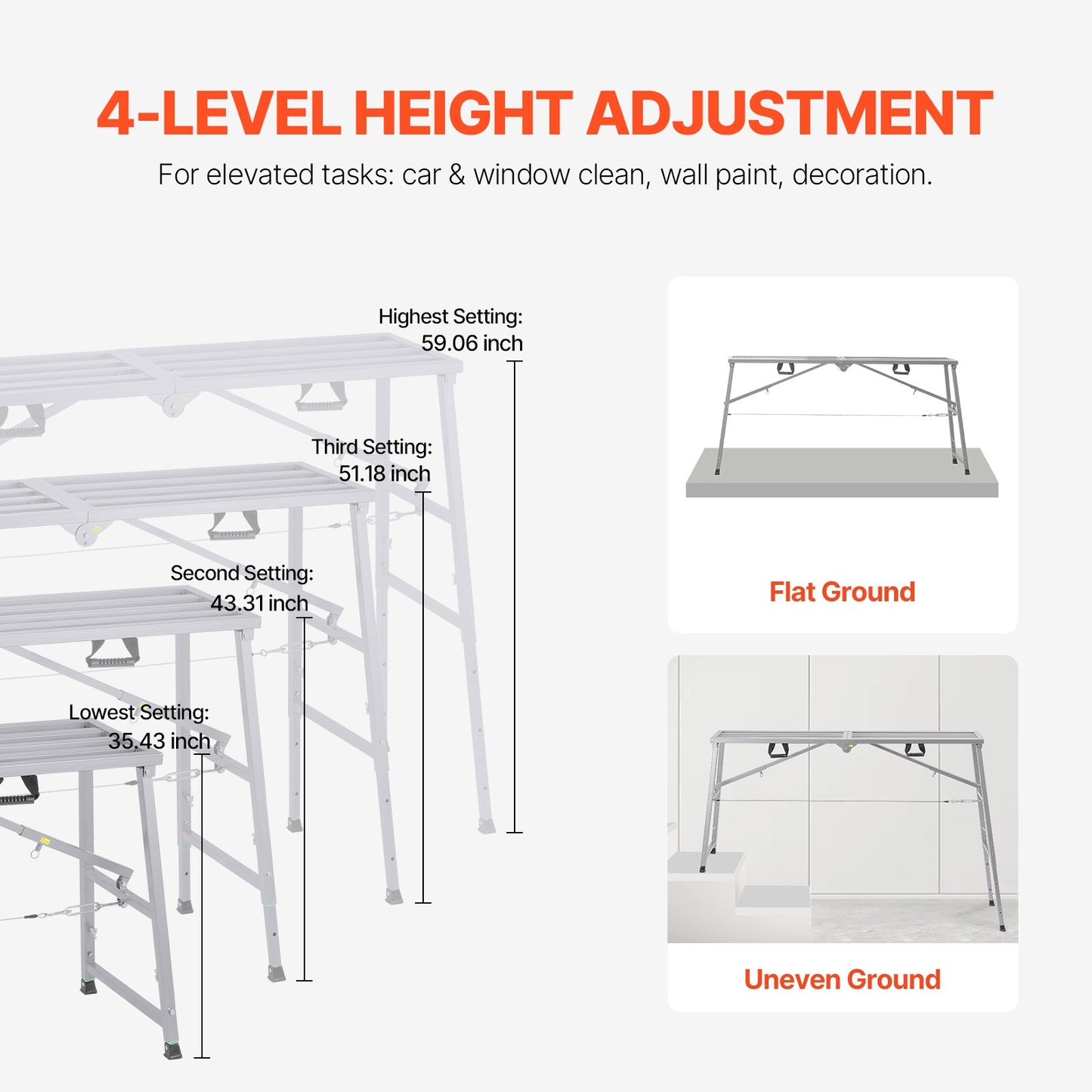 Work Platform, 4 Gear Adjustable Height, Folding Alloy Steel Step Ladder, Portable Scaffolding Platform, 880 lb Load Capacity, Non-Slip Rubber Feet, Drywall Painting Stool, Cleaning & Washing