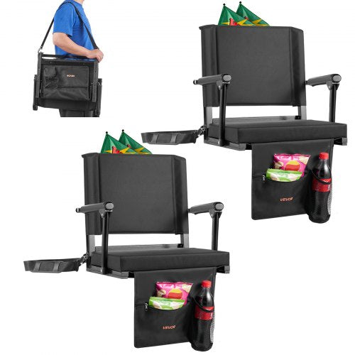 Stadionsäte, bärbart läktarsäte med armstöd, ryggstöd och tjock kudde, bänkstol för läktare inklusive axelrem, krokar, mugghållare, svarta fotbollsläktsäten, 2 st
