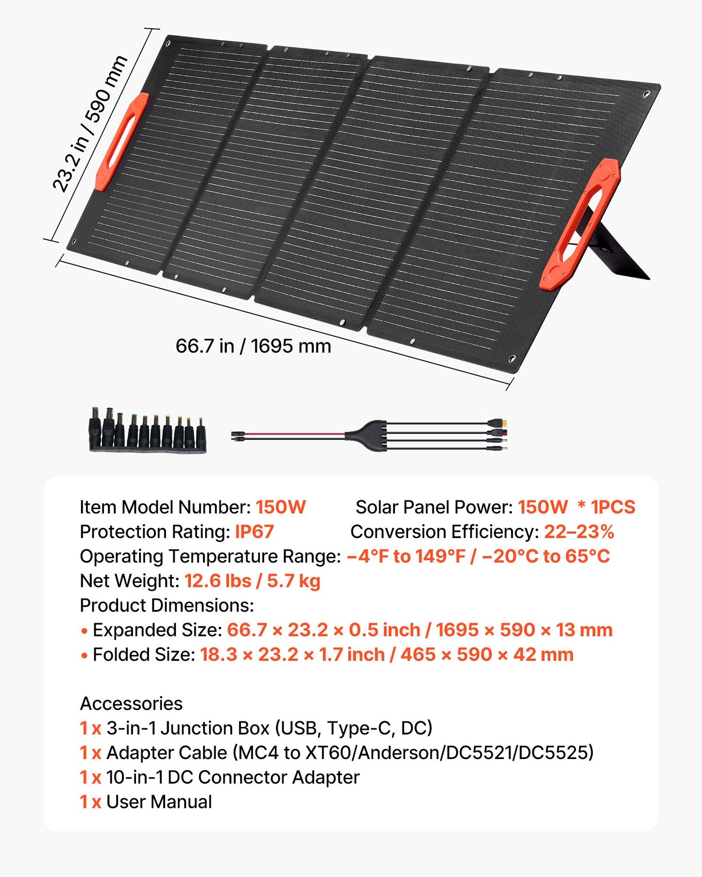 150W Foldable Monocrystalline Solar Panel, 23% Efficiency Portable ETFE Mono Solar Panel Charger with MC4 Output, Type-C, QC3.0 USB & DC Ports, IP67 Waterproof for Power Stations Camping Hiking
