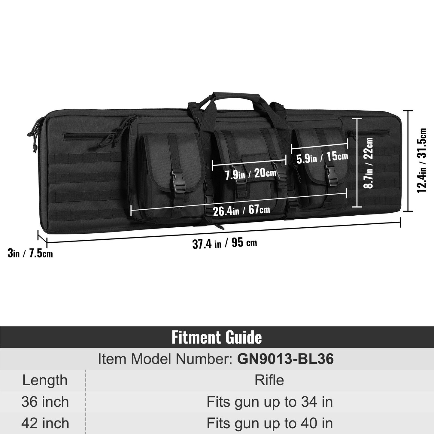 Rifle Bag, 36 inch Tactical Double Long Gun Bag, Soft Rifle Case with Lockable Zipper, Portable Handle & Shoulder Strap, 3 Large Storage Pockets Rifle Case for Two 34" Rifles & 2 Pistols, Black
