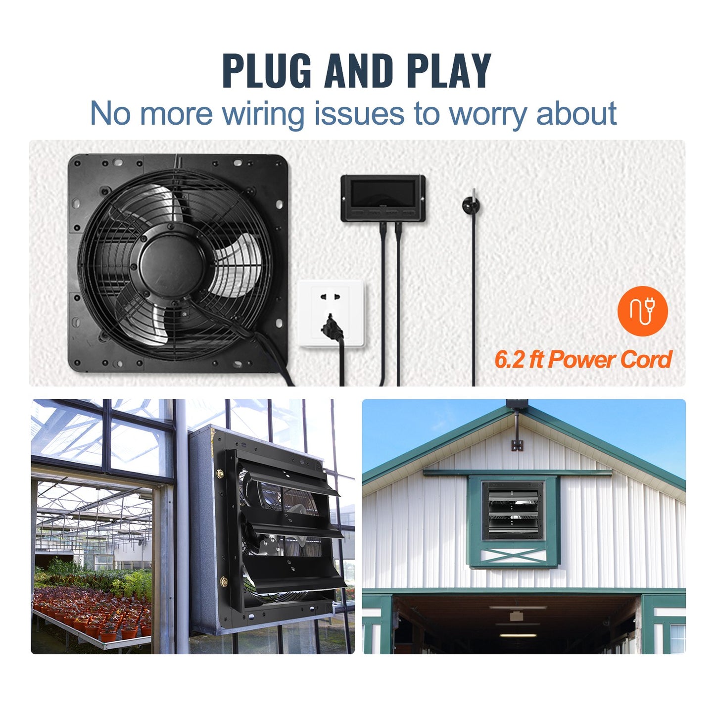Shutter-frånluftsfläkt, 254 mm med temperatur- och fuktighetsregulator, EC-motor, 843 CFM, justerbar väggmonterad vindsfläkt med variabel hastighet, ventilation och kylning för växthus, garage, skjul