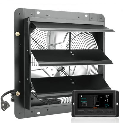 Shutter-frånluftsfläkt, 356 mm med temperatur- och fuktighetsregulator, EC-motor, 1024 CFM, justerbar väggmonterad vindsfläkt med variabel hastighet, ventilation och kylning för växthus, garage, skjul