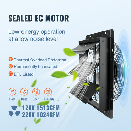 Shutter-frånluftsfläkt, 356 mm med temperatur- och fuktighetsregulator, EC-motor, 1024 CFM, justerbar väggmonterad vindsfläkt med variabel hastighet, ventilation och kylning för växthus, garage, skjul