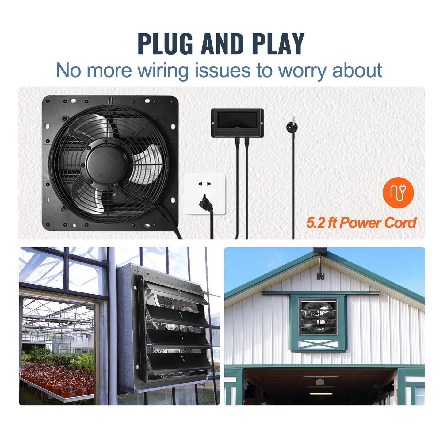 Shutter Exhaust Fan, 406 mm with Temperature Humidity Controller, EC-motor, 1747 CFM, Variable Speed Adjustable Wall Mount Attic Fan, Ventilation and Cooling for Greenhouses, Garages, Sheds