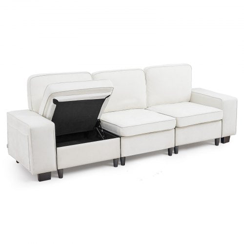 3 Steater Sofa, Modular Sectional Couch with Bottom Storage Space, Modern Comfy Cloud Sofa with Side Storage Pockets and Metal Frame, Ideal for Living Room, Bedroom, Apartment and Office, White