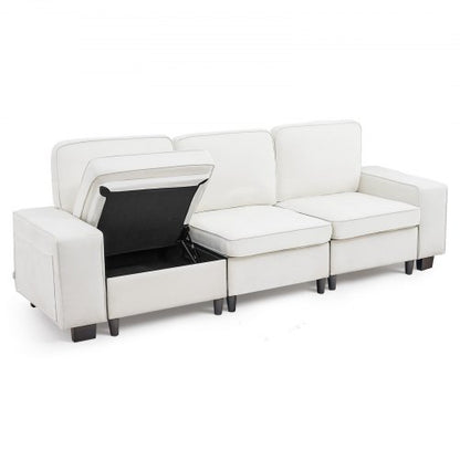 3 Steater Sofa, Modular Sectional Couch with Bottom Storage Space, Modern Comfy Cloud Sofa with Side Storage Pockets and Metal Frame, Ideal for Living Room, Bedroom, Apartment and Office, White