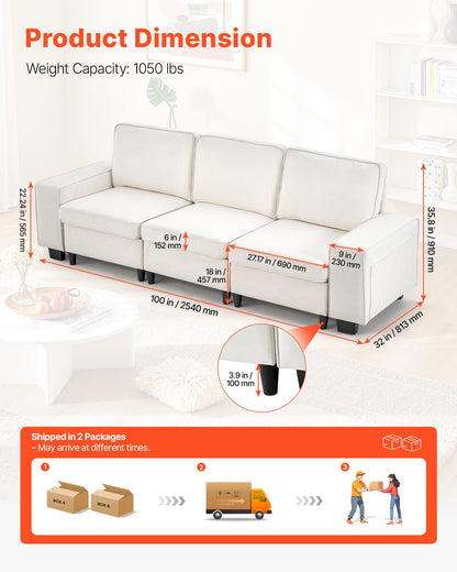 3 Steater Sofa, Modular Sectional Couch with Bottom Storage Space, Modern Comfy Cloud Sofa with Side Storage Pockets and Metal Frame, Ideal for Living Room, Bedroom, Apartment and Office, White