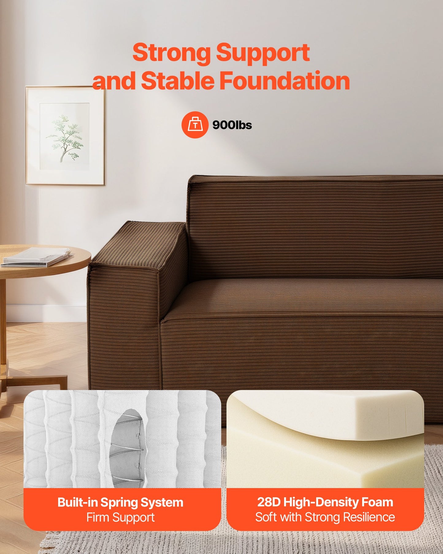 2110 mm Modern soffa, Bekväm manchestersoffa med djupa sitsar, Cloud-soffa med breda armstöd, Ingen montering krävs, Stor plyschsoffa Perfekt för vardagsrum, sovrum, lägenhet och kontor, Brun