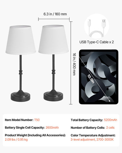 Sladdlös bordslampa, 2-pack, 5200mAh inbyggt laddningsbart batteri, skrivbordslampa med 3 ljusstyrkor, tygskärm, 2700-3000K färgtemperatur, bordslampa för restaurang, sovrum, barer, svart