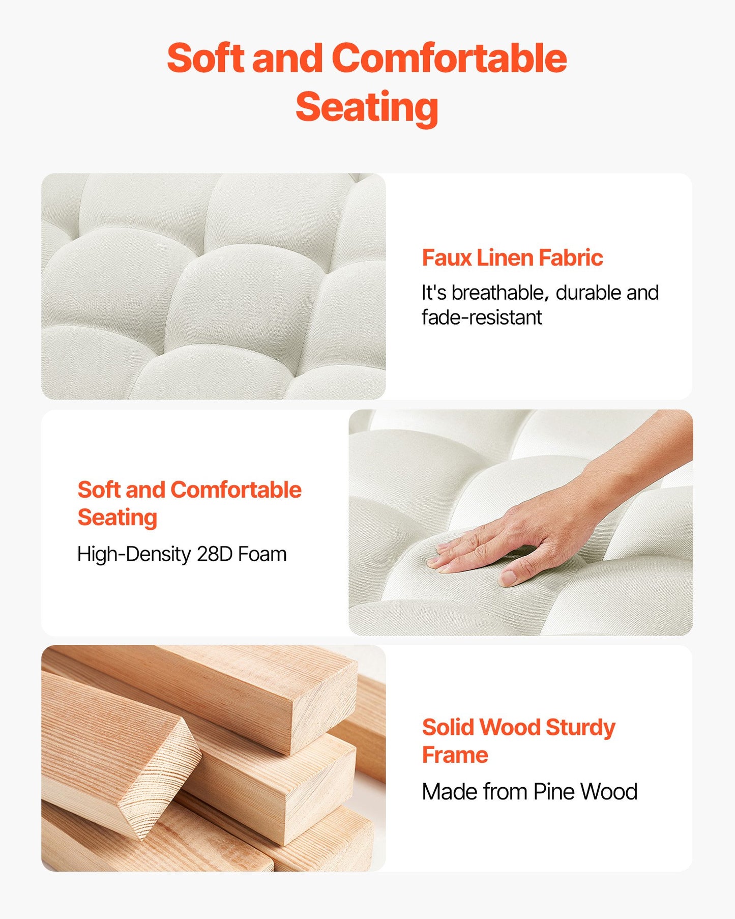 VEVOE Large Square Ottoman Coffee Table, 87.5 cm Tufted Coffee Table with Solid Wood Shelf Storage, Linen Solid Upholstered Footrest Ottoman for Bedroom Living Room, 400 LBS, Off-White