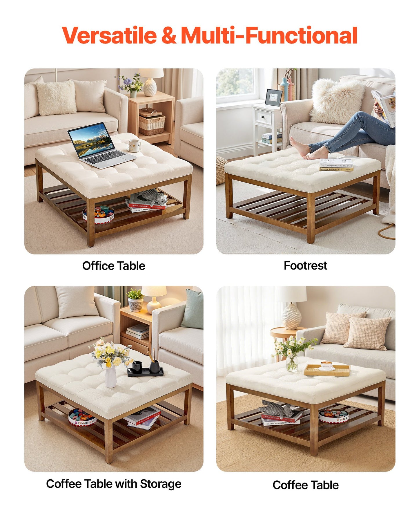 VEVOE Large Square Ottoman Coffee Table, 87.5 cm Tufted Coffee Table with Solid Wood Shelf Storage, Linen Solid Upholstered Footrest Ottoman for Bedroom Living Room, 400 LBS, Off-White