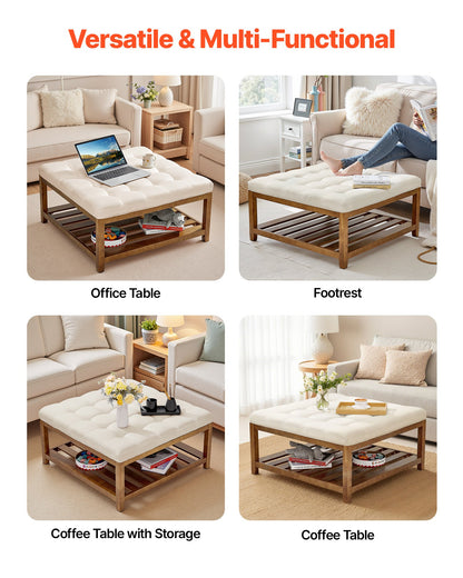 VEVOE Large Square Ottoman Coffee Table, 87.5 cm Tufted Coffee Table with Solid Wood Shelf Storage, Linen Solid Upholstered Footrest Ottoman for Bedroom Living Room, 400 LBS, Off-White