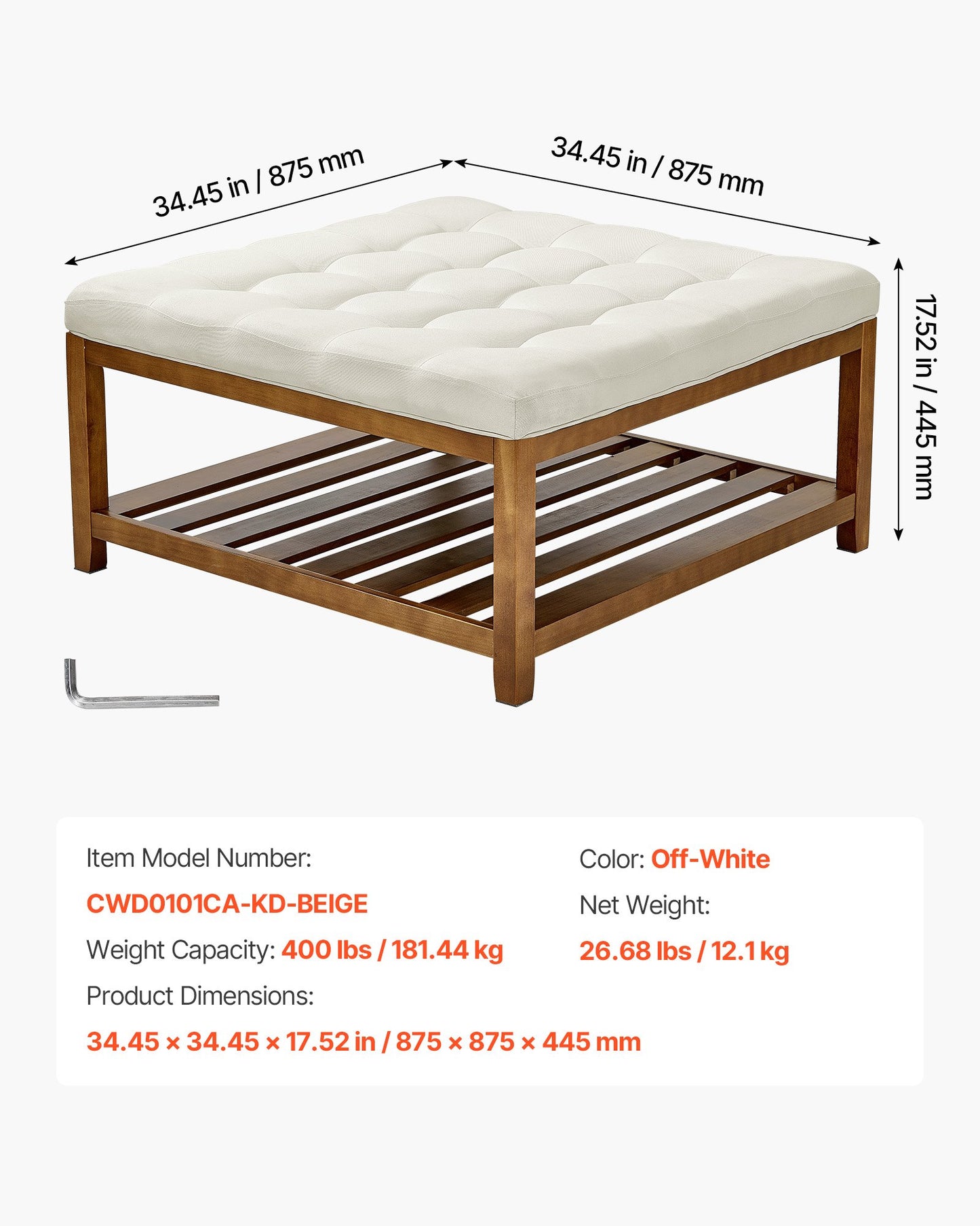 VEVOE Large Square Ottoman Coffee Table, 87.5 cm Tufted Coffee Table with Solid Wood Shelf Storage, Linen Solid Upholstered Footrest Ottoman for Bedroom Living Room, 400 LBS, Off-White