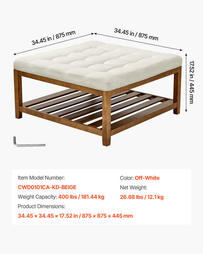 VEVOE Large Square Ottoman Coffee Table, 87.5 cm Tufted Coffee Table with Solid Wood Shelf Storage, Linen Solid Upholstered Footrest Ottoman for Bedroom Living Room, 400 LBS, Off-White