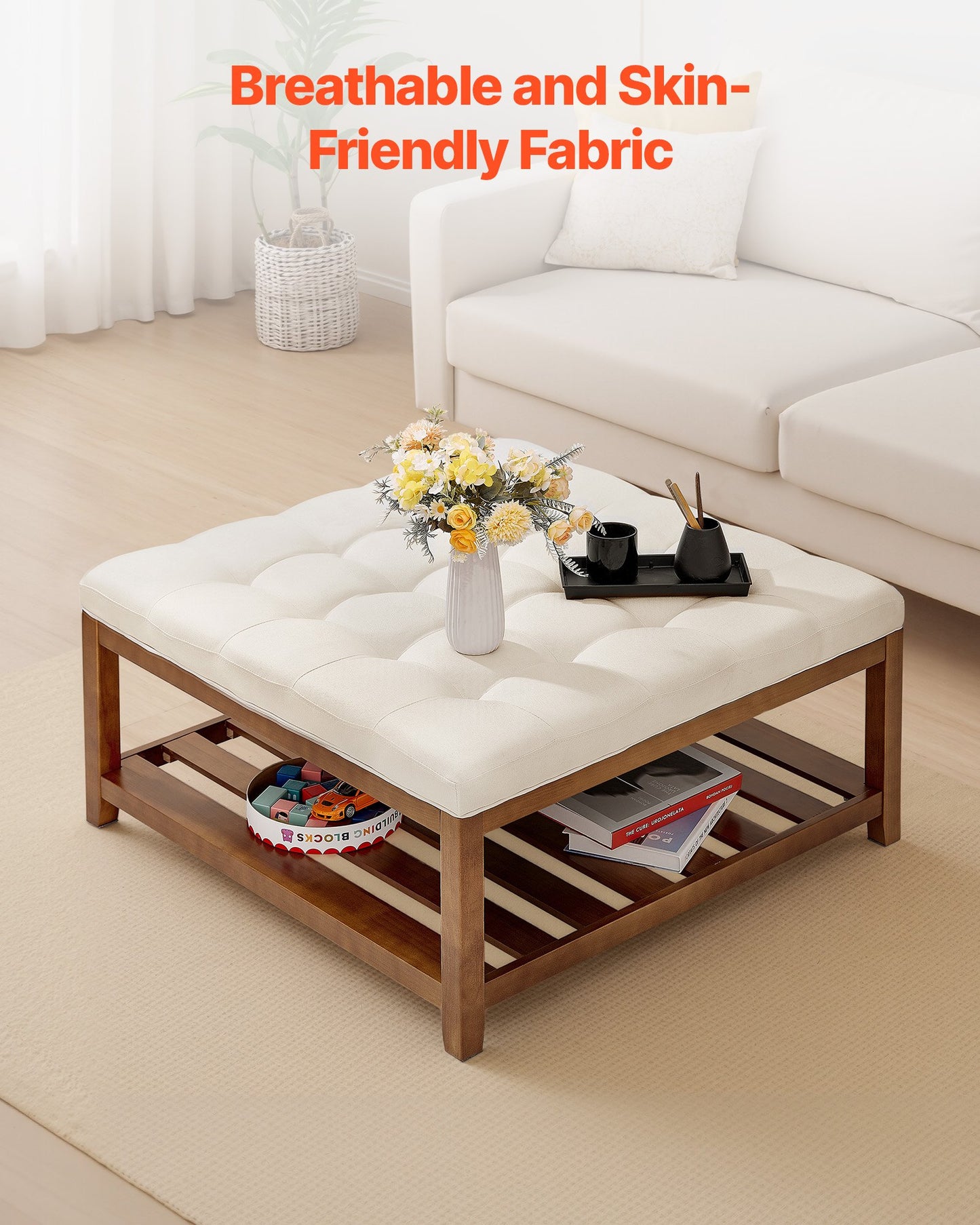 VEVOE Large Square Ottoman Coffee Table, 87.5 cm Tufted Coffee Table with Solid Wood Shelf Storage, Linen Solid Upholstered Footrest Ottoman for Bedroom Living Room, 400 LBS, Off-White