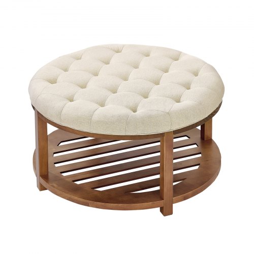 Large Round Ottoman Coffee Table, 81 cm Tufted Coffee Table with Solid Wood Shelf Storage, Linen Solid Upholstered Footrest Ottoman for Bedroom Living Room, 350 LBS, Linen Color