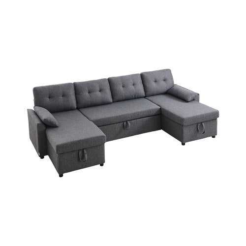 U Shaped Sofa Bed, Convertible Sofa Bed with 2 Side Pockets, 2 Pillows and Double Chaise, 6-Seat Pull Out Sleeper Couch with Large Storage Capacity for Living Room, Apartment, Metal Frame, Gray