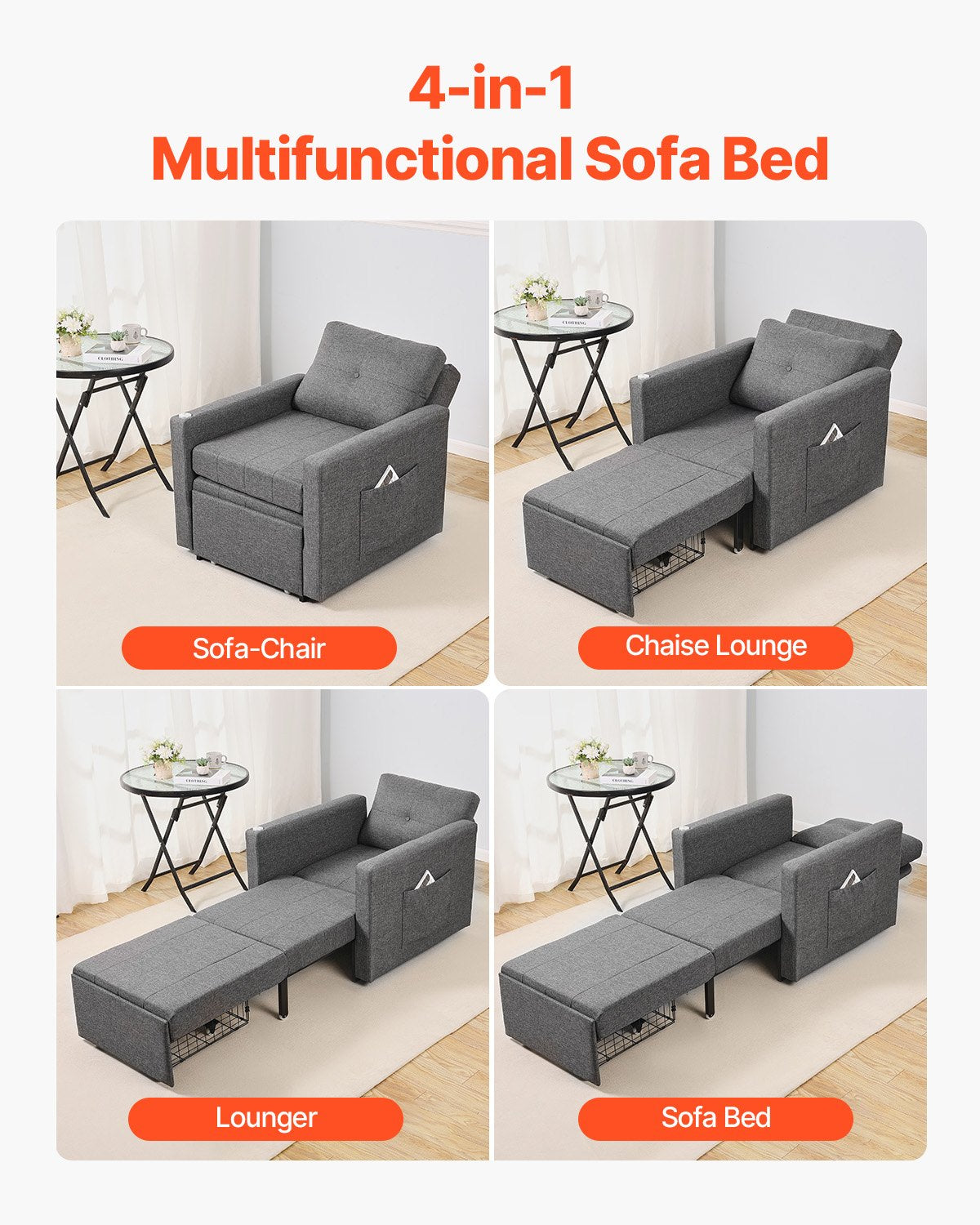 Sleeper Sofa Bed, Convertible Sleeper Bed with Side Pocket, Pillow, Armrest and Desk Board, 5 Adjustable Angles Backrest, Single Pull Out Sofa Couch with 2 Wheels and Bottom Storage, Gray