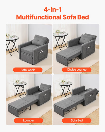 Sleeper Sofa Bed, Convertible Sleeper Bed with Side Pocket, Pillow, Armrest and Desk Board, 5 Adjustable Angles Backrest, Single Pull Out Sofa Couch with 2 Wheels and Bottom Storage, Gray