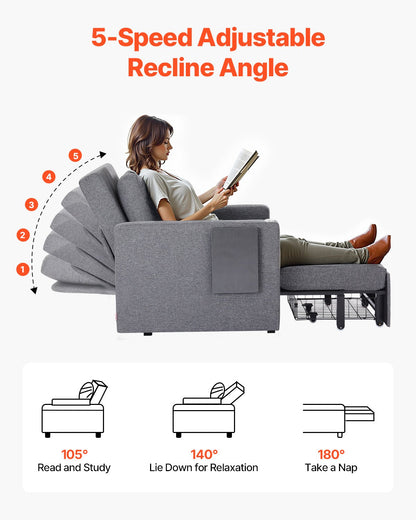 Sleeper Sofa Bed, Convertible Sleeper Bed with Side Pocket, Pillow, Armrest and Desk Board, 5 Adjustable Angles Backrest, Single Pull Out Sofa Couch with 2 Wheels and Bottom Storage, Gray