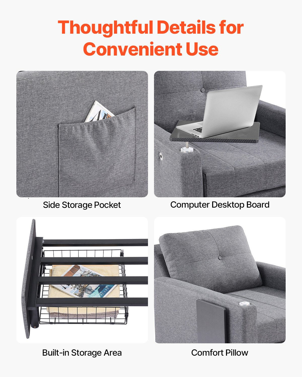 Sleeper Sofa Bed, Convertible Sleeper Bed with Side Pocket, Pillow, Armrest and Desk Board, 5 Adjustable Angles Backrest, Single Pull Out Sofa Couch with 2 Wheels and Bottom Storage, Gray