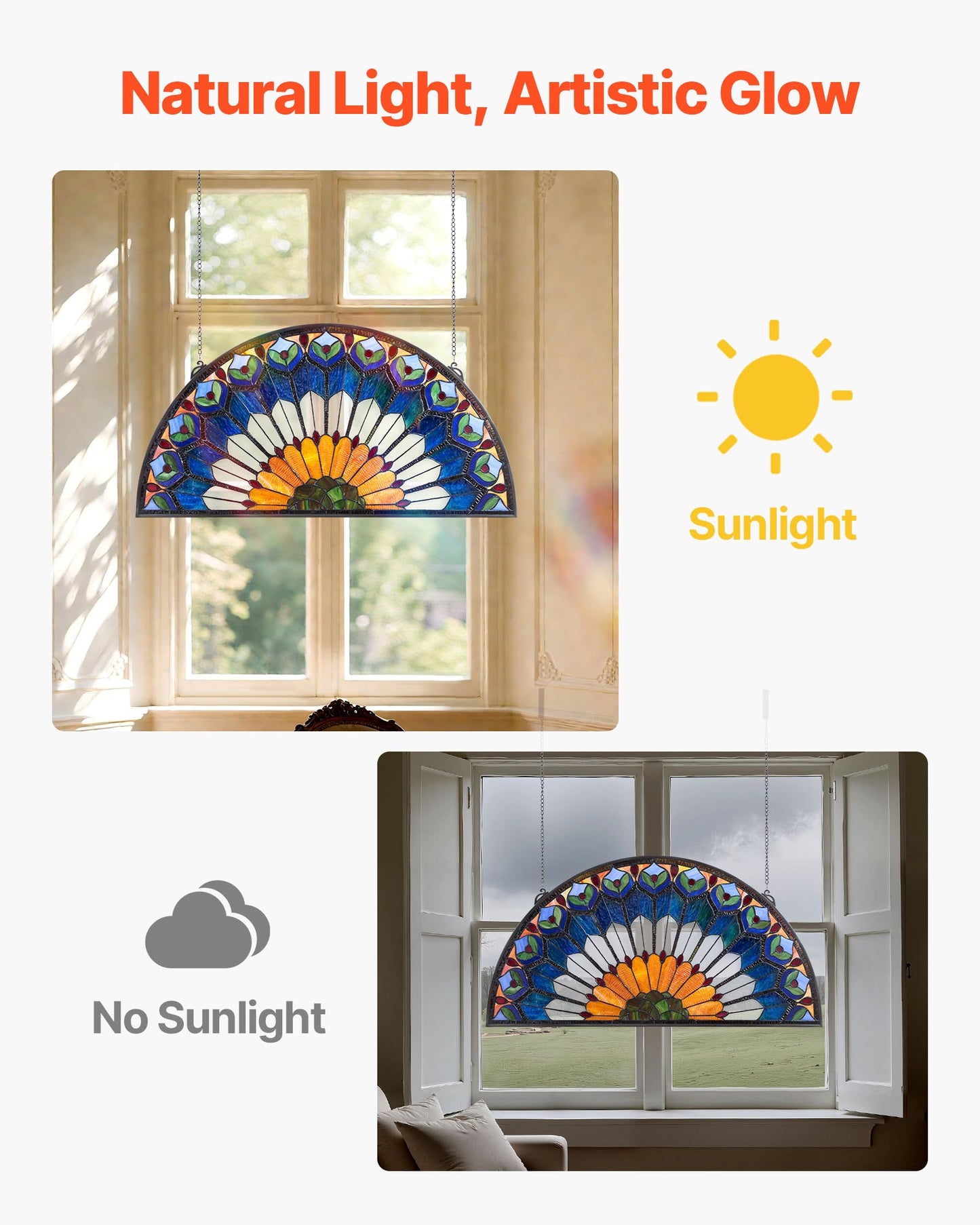 Fönsterpanel i färgat glas, 913 x 465 mm, hängande överljuspanel i Tiffany-stil med kedja, stor halvrund upphängning i färgat glas, traditionellt hantverk för köksinredning