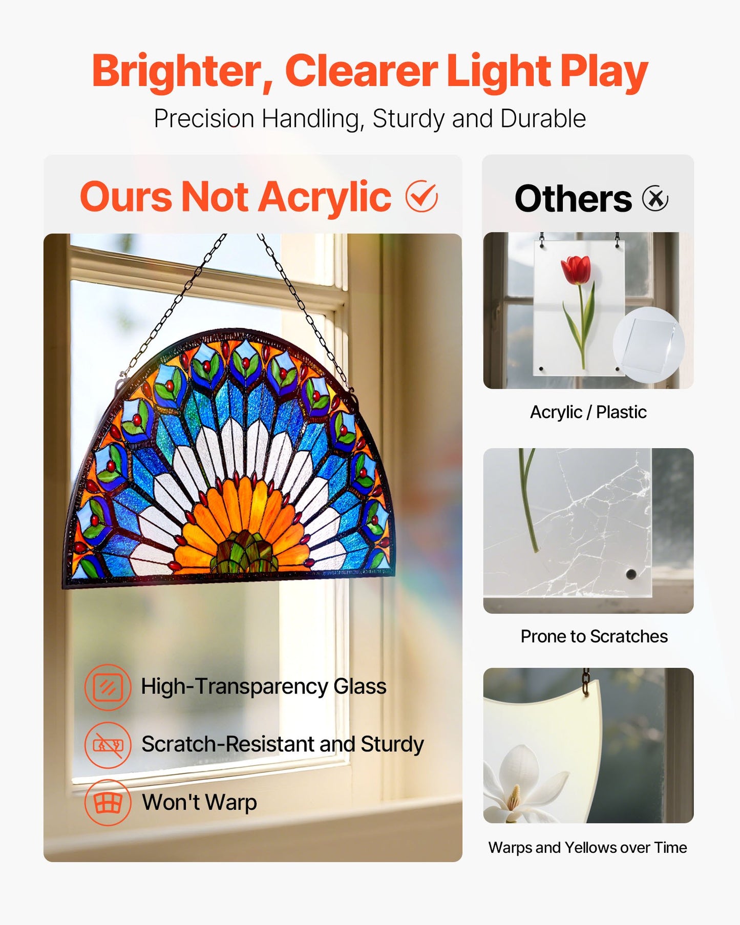 Fönsterpanel i färgat glas, 913 x 465 mm, hängande överljuspanel i Tiffany-stil med kedja, stor halvrund upphängning i färgat glas, traditionellt hantverk för köksinredning