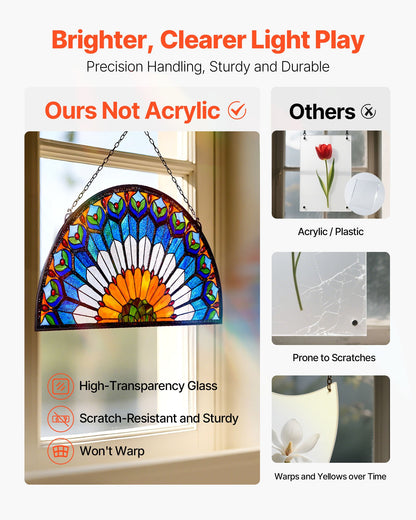 Fönsterpanel i färgat glas, 913 x 465 mm, hängande överljuspanel i Tiffany-stil med kedja, stor halvrund upphängning i färgat glas, traditionellt hantverk för köksinredning