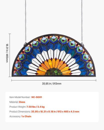 Fönsterpanel i färgat glas, 913 x 465 mm, hängande överljuspanel i Tiffany-stil med kedja, stor halvrund upphängning i färgat glas, traditionellt hantverk för köksinredning