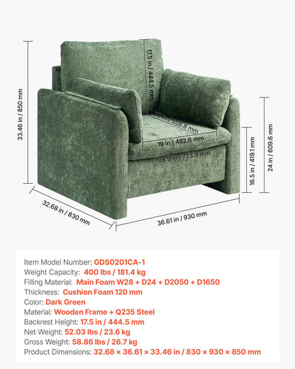 Green Accent Chair, Modern Upholstered Accent Chair with Armrests, Cloth Arm Chairs with Thick Cushion and Arched Backrest, Single Fabric Armchair for Living Room, Bedroom, Study, Office