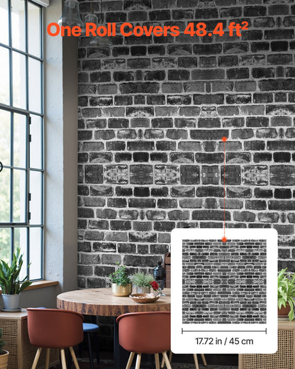 Självhäftande tapet, 45 cm x 10 m, grå tegel, vattentät, självhäftande, lätt att rengöra och dra av, väggdekorativ vinylrulle för sovrum, kök, kontor, badrum, skrivbord