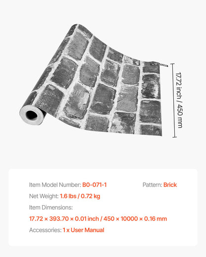 Självhäftande tapet, 45 cm x 10 m, grå tegel, vattentät, självhäftande, lätt att rengöra och dra av, väggdekorativ vinylrulle för sovrum, kök, kontor, badrum, skrivbord
