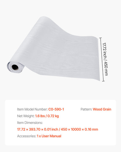 Tapet med självhäftande tapet, 45 cm x 10 m, vit träådring, vattentät, självhäftande, lätt att rengöra och dra av, väggdekorativ vinylrulle för sovrum, kök, kontor, badrum, skrivbord