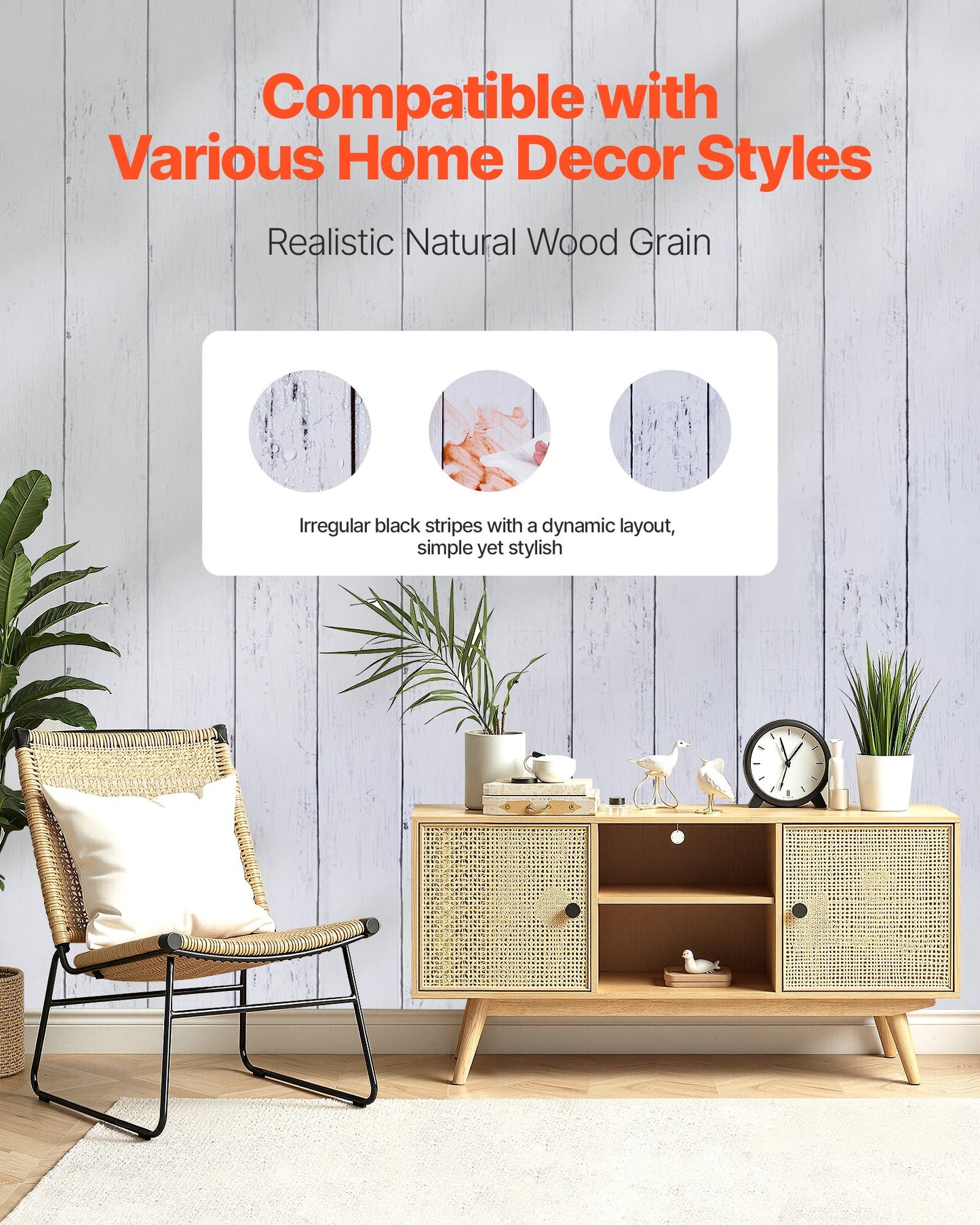 Självhäftande tapet, 45 cm x 12 m, vit trästruktur, vattentät, självhäftande, lätt att rengöra och dra av, väggdekorativ vinylrulle för sovrum, kök, kontor, badrum, skrivbord