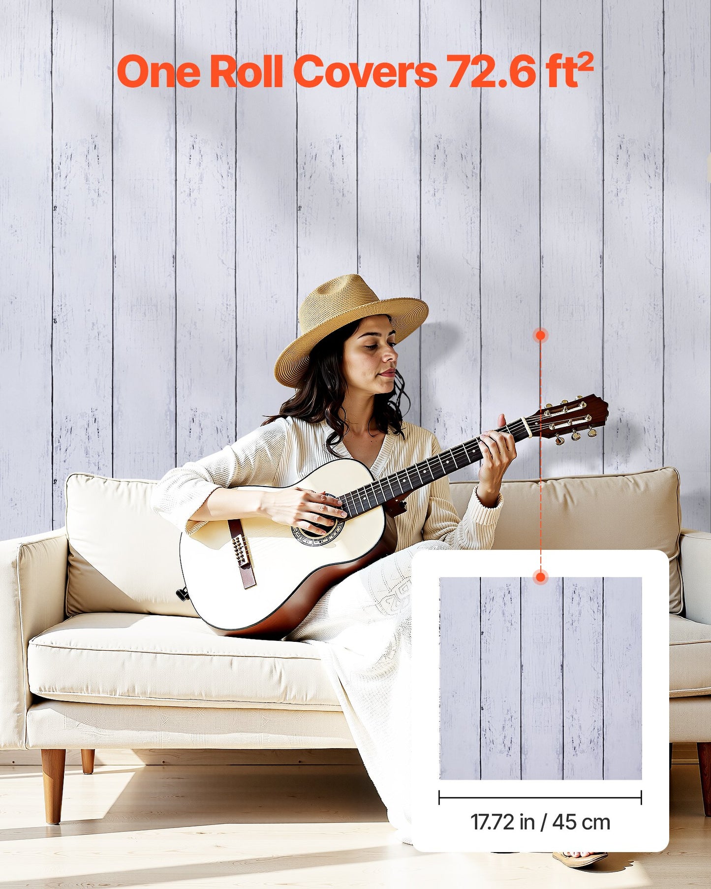 Självhäftande tapet, 45 cm x 12 m, vit trästruktur, vattentät, självhäftande, lätt att rengöra och dra av, väggdekorativ vinylrulle för sovrum, kök, kontor, badrum, skrivbord