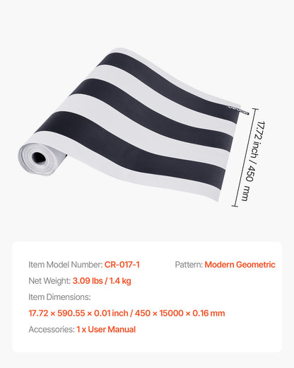 Peel and Stick Wallpaper, 45cm x 15m Contact Paper Black White Modern Geometric Waterpoof Self Adhesive, Easy to Clean Wall Decorative Vinyl Roll for Bedroom Kitchen Office Bathroom