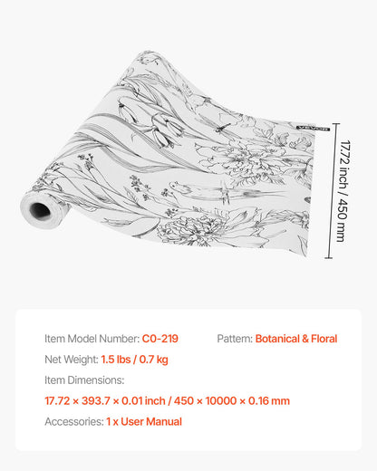 Självhäftande tapet, 45 cm x 10 m, vit linjekonst, botanisk blommig, vattentät, självhäftande, lätt att rengöra, väggdekorativ vinylrulle för sovrum, kök, kontor, badrum