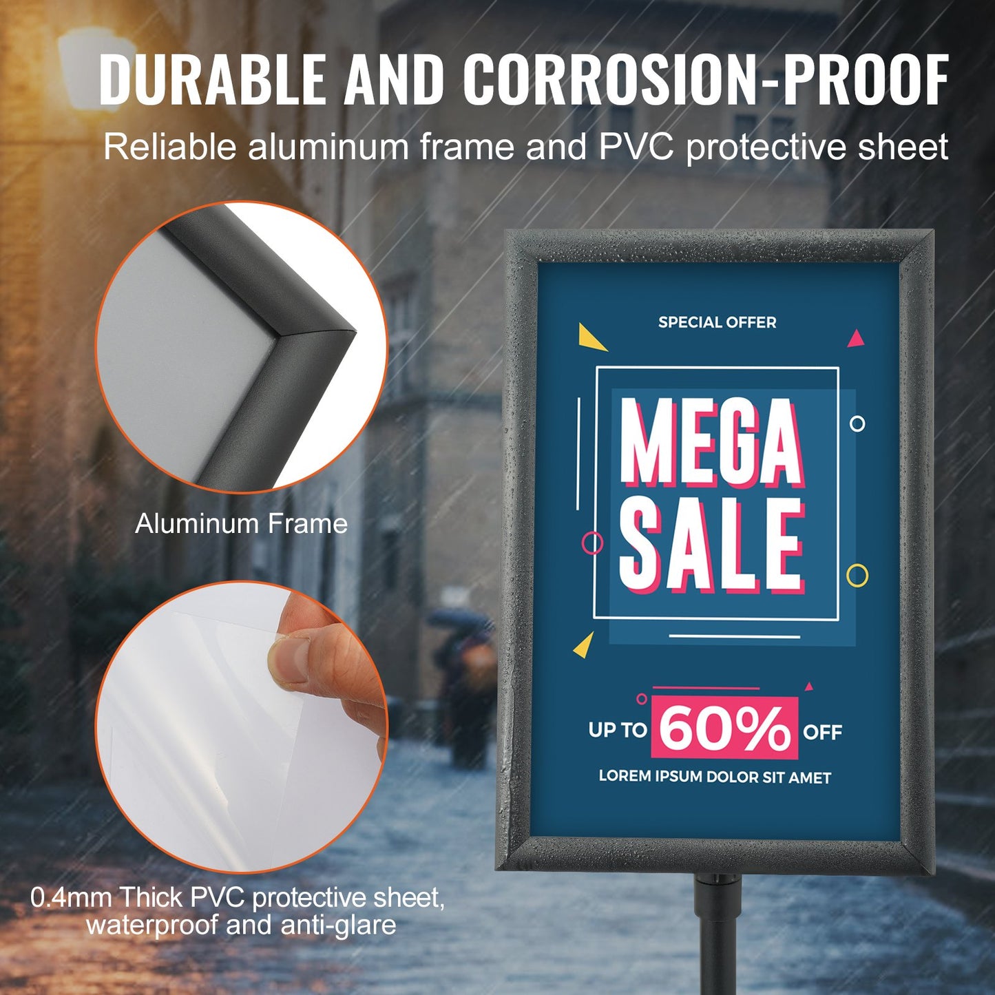 Skylthållare för piedestal, 11 x 17 tum, vertikalt och horisontellt justerbart affischstativ, kraftig golvstående skylthållare med metallbas för visning, reklam och utomhusbruk, svart