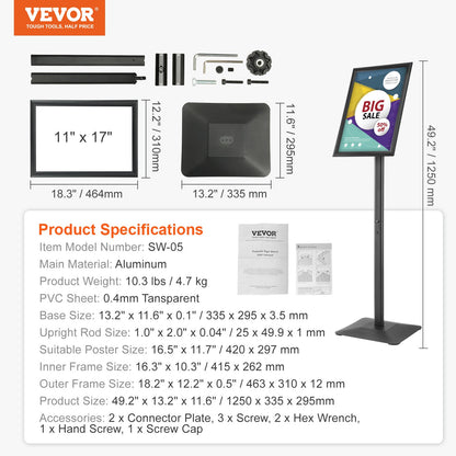 Skylthållare för piedestal, 11 x 17 tum, vertikalt och horisontellt justerbart affischstativ, kraftig golvstående skylthållare med metallbas för visning, reklam och utomhusbruk, svart