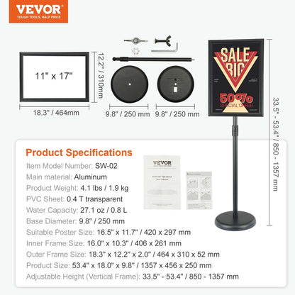 Pedestal Sign Holder, 11 x 17 Inch Vertical and Horizontal Adjustable Poster Stand, Heavy-Duty Floor Standing Sign Holder with Round Base for Display, Advertisement, and Outdoor, Black