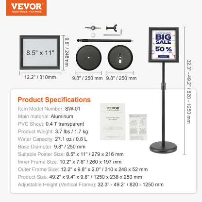 Pedestal Sign Holder, 8.5 x 11 Inch Vertical and Horizontal Adjustable Poster Stand, Heavy-Duty Floor Standing Sign Holder with Round Base for Display, Advertisement, and Outdoor, Black